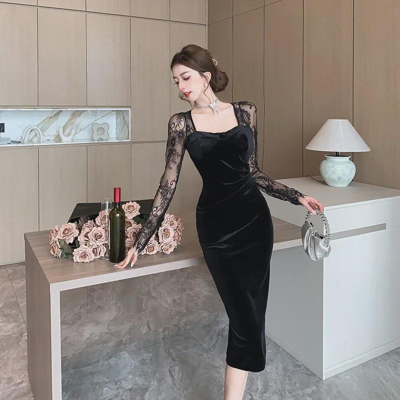 Платье-банкет в стиле знаменитости из кружева и бархата с приталенным кроем для женщин