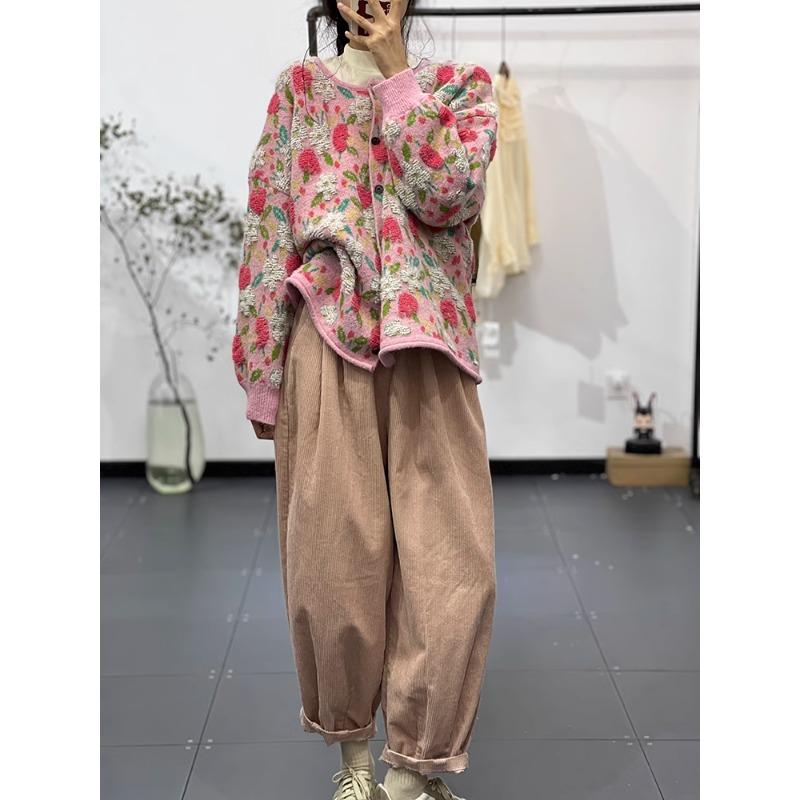 Зима Новинка Плюс Размер Осень Женщины Цветочные Пуговицы Свитера Куртка Вязание Мода Оверсайз Повседневный Стиль Свободный Кардиган Свитер