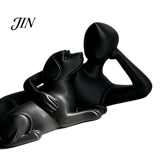 Modern Abstract Art Decor 3D Printed Man Lying on Dog Statue, Minimalist Human Pet Desktop Ornaments for Owners Figurine, Matte Black Sculpture