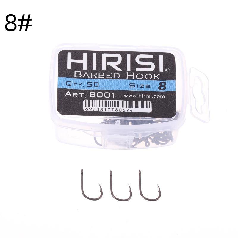 Hirisi 50 шт. Карповые крючки с покрытием PTFE, с ушком, с микробородкой, высокоуглеродистая сталь, 8029, Рыболовные аксессуары, Соединяемая коробка