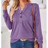 Spring Autumn Solid Color Top for Women V-neck Button Loose Long Sleeve T-shirt