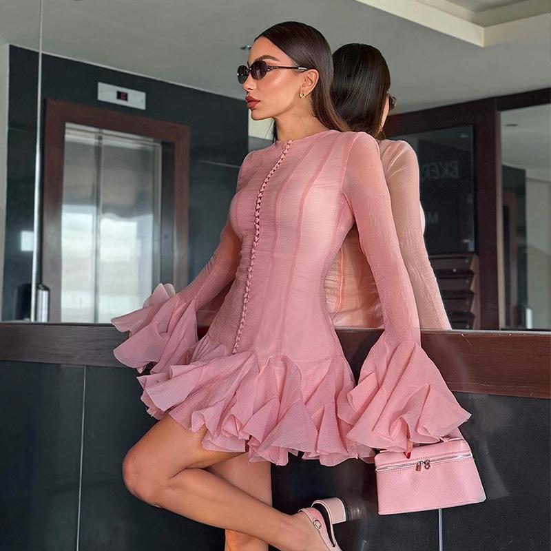 Elegant Ruffles Single Breasted Ruffles Mini Dress Women Flared Sleeve High Waist O-neck Dresses 2025 Lady Party Gowns New