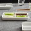 White rectangular multi-compartment ceramic seasoning compartments plate, dipping sauce, side dishes, barbecue sauce dish