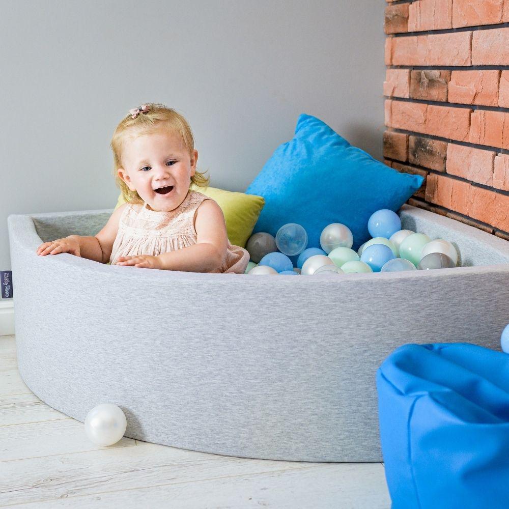 KiddyMoon 200 Balls 7cm/2.75in soft plastic play balls for children colourful, pearl/grey/transparent/baby blue/mint