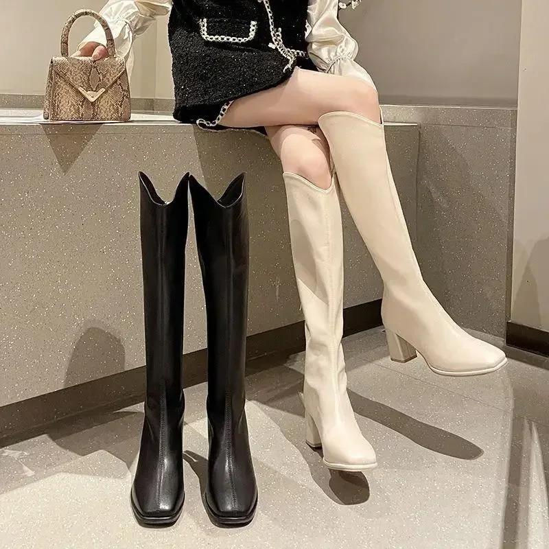 Square Toe Ladies Knee High Shaft Shoes New In Large Size Warm Women's Long Boots 2024 Winter Novelty Boot On Promotion Trend Pu
