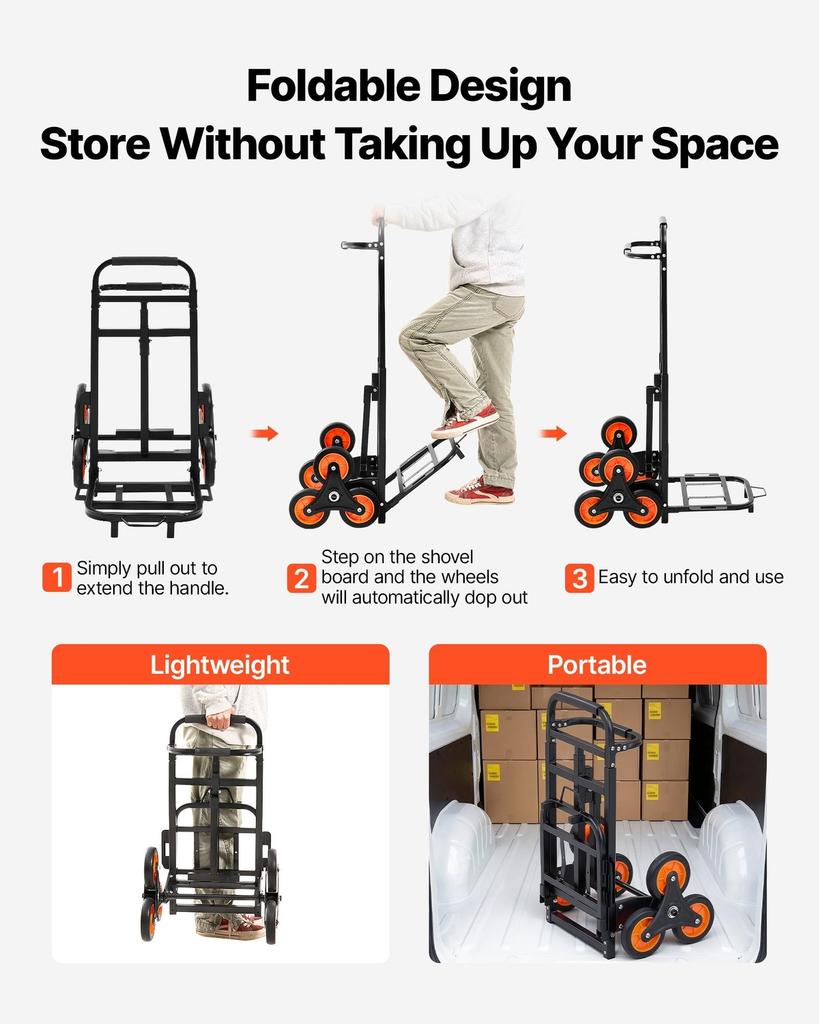 Stair Climbing Cart, 100 kg Stair-Climbing Capacity, Heavy-Duty Folding Trolley Cart with Telescoping Handle, 6 Wheels and 2 Bungee Cords, Stair