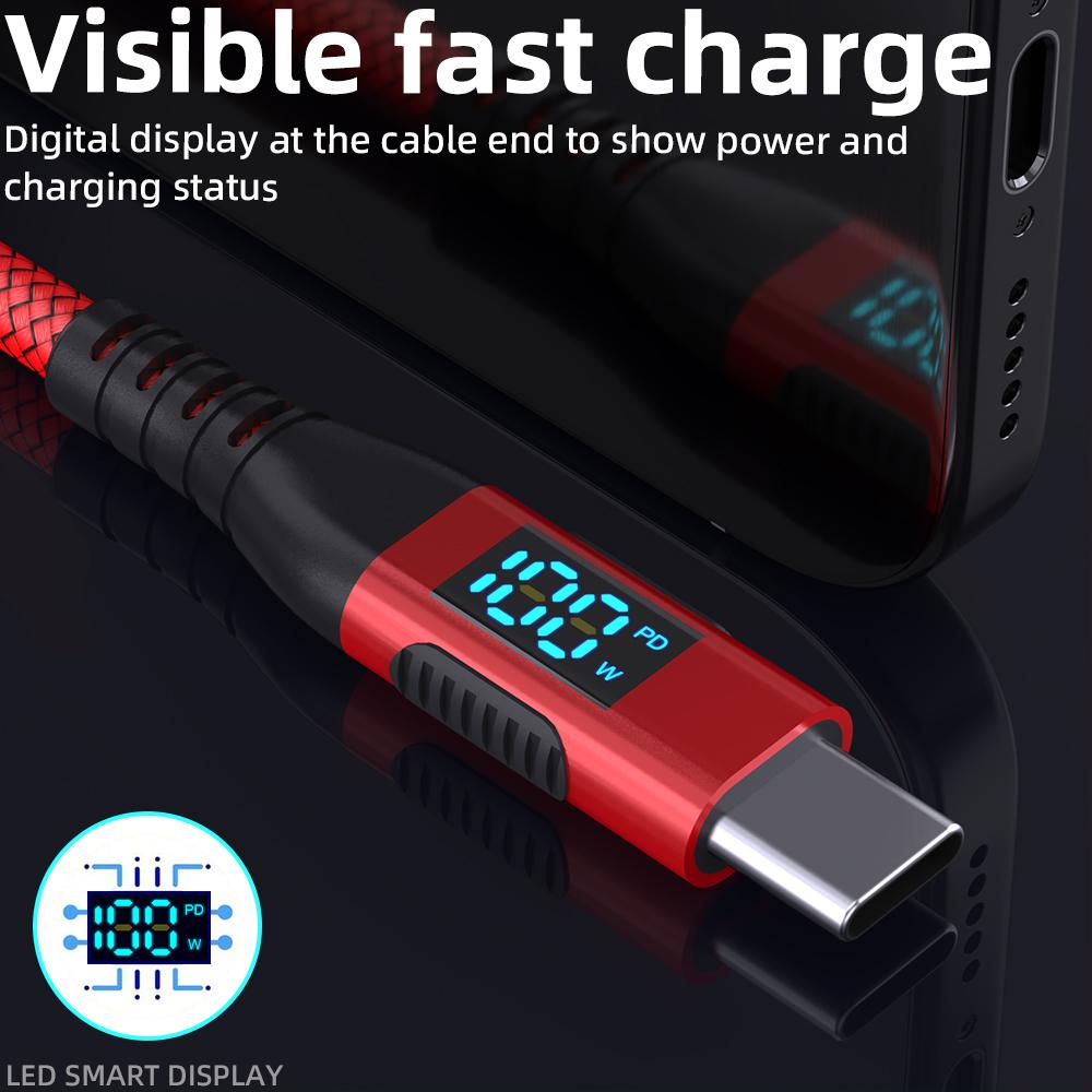 2m USB-C to USB-C Cable 100W 5A/20V Nylon Braided Phone Tablet Fast Charging Digital Display Cord