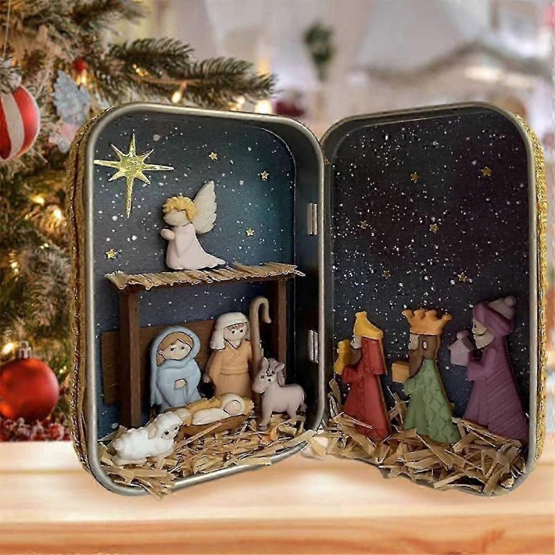 Christmas Nativity Handmade Cabin Box Theater Desktop Ornaments Jesus Nativity Set Family Nativity Scene for Xmas Decor