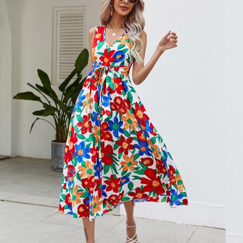 V-neck Sleeveless Beach Dress Women Casual Summer Flower Printed Dress 2023 Elegant High Waist Party Slip Dress Vestidos 25281