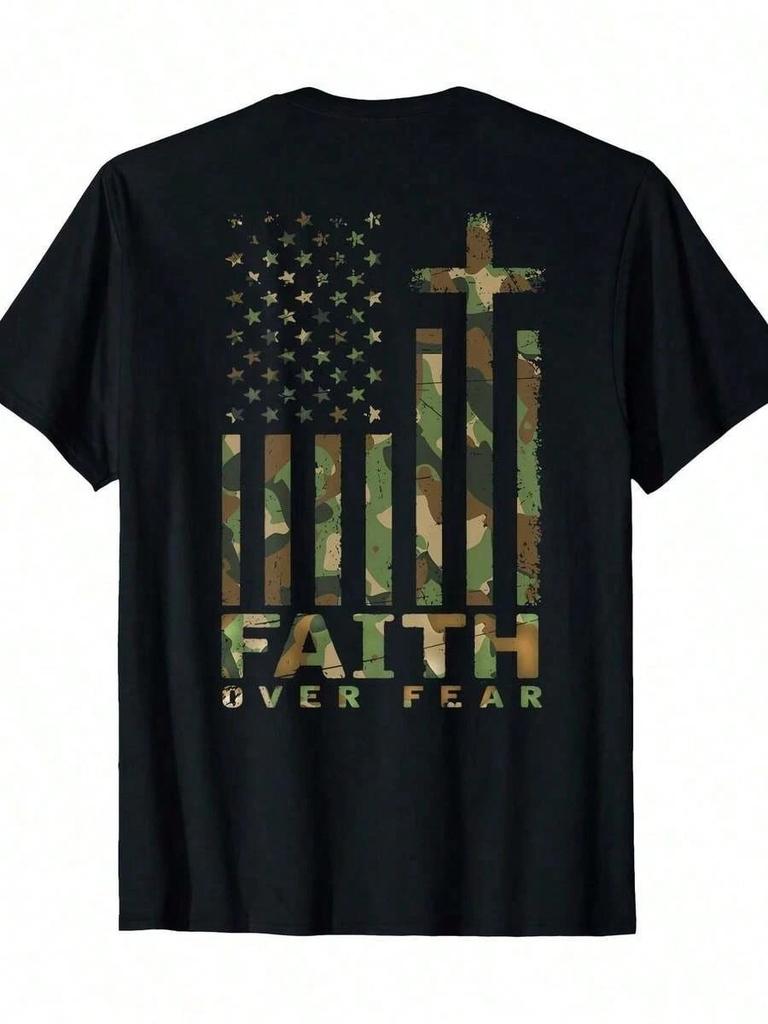 Men Clothes Men's Faith Over Fear Christian T-Shirt - American Flag Cross Design
