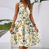 Women's Spring And Summer Casual V-Neck Sleeveless Waist Floral Print Midi Dress