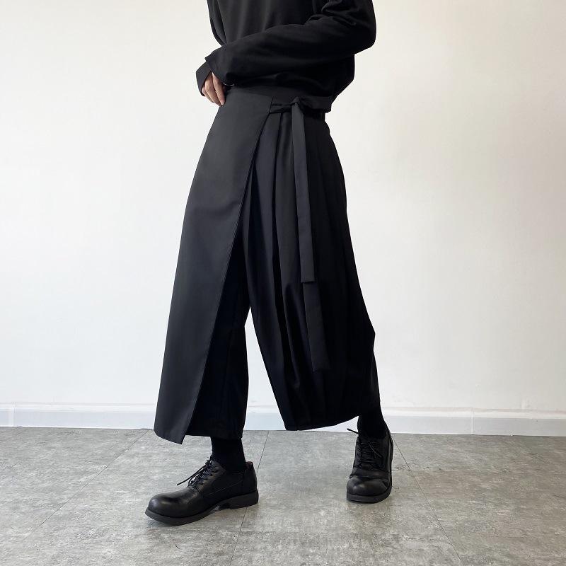 Yamamoto-Style Dark Drape Cropped Pleated Pants Skirt with Straps for Men & Women