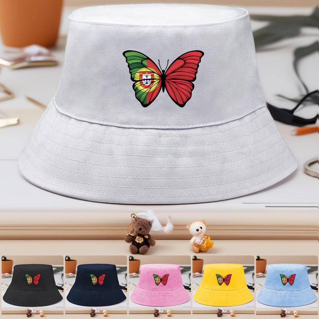 Bucket Hat With Butterfly Flag of Portugal Print , Patriotic Sun Cap Unisex Fashion Solid Color Beach Hat