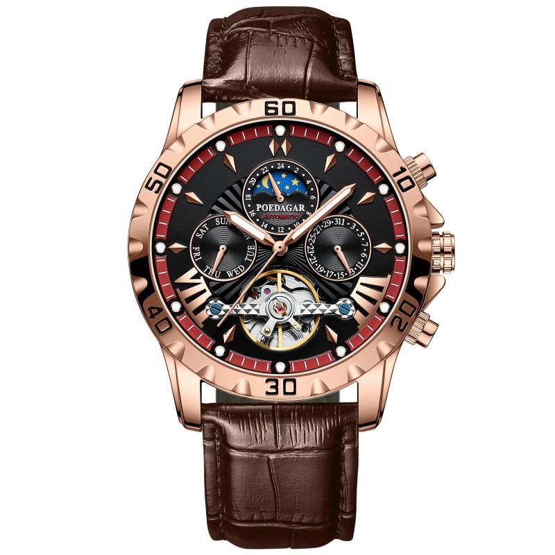 New Design Style Imported Self-winding Mechanical Watch Men's Charm and Dominance with Sun and Moon Phase Skeleton Flywheel Leather Watches