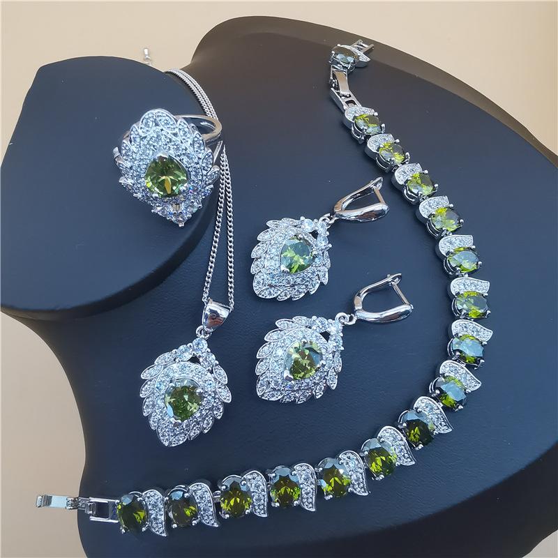 Fashion Bridal Costume Jewelry Set Ladies Accessories Zirconia Earrings Necklace Bracelet Ring Set