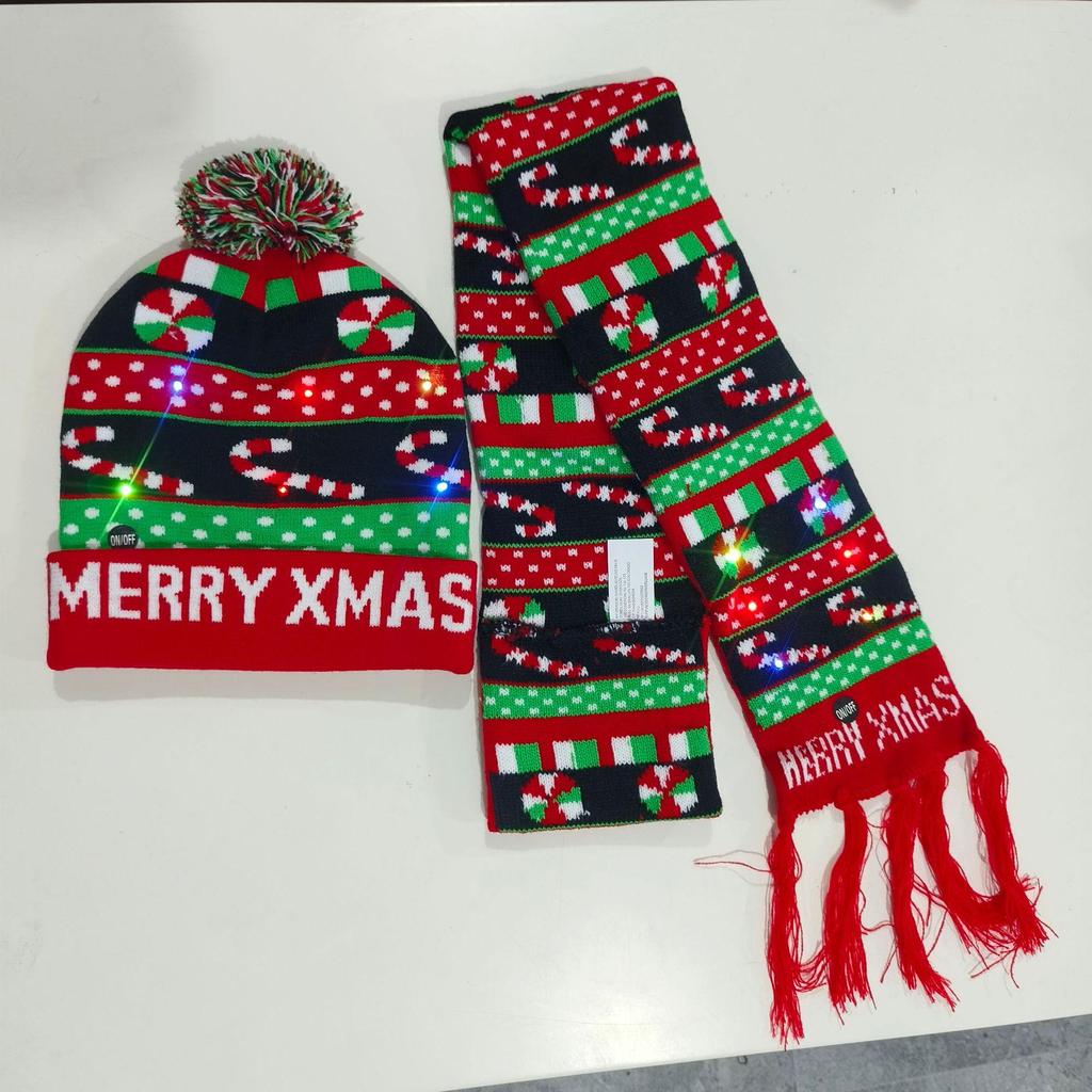 LED Light-Up Elk Jacquard Knit Hat & Scarf Set for Christmas & New Year.