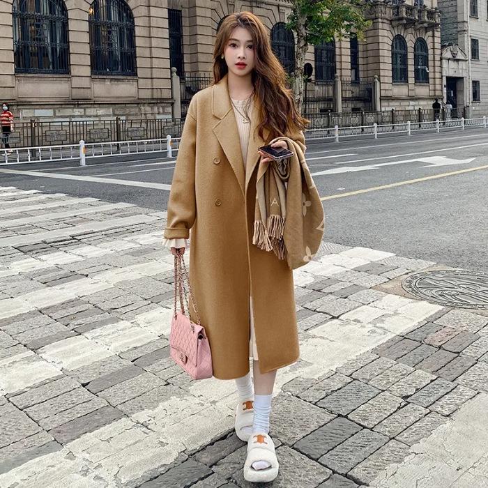 Women's Pink Double-Faced Cashmere Mid-Length Hepburn-Style Coat - 2025 Autumn/Winter Korean Fashion