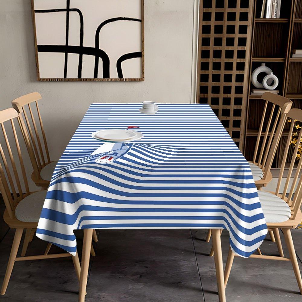 1pc Nautical Blue and White Striped Tablecloth - Durable Polyester, Machine Washable, Easy to Clean, Rectangular Design with Sailboat and Anchor Motif
