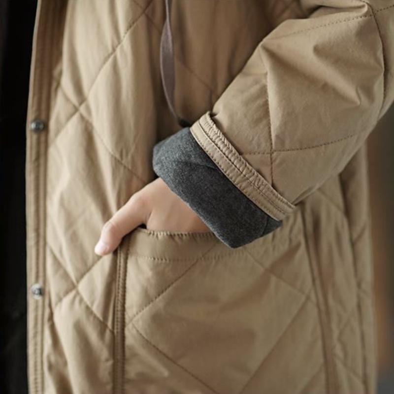 Осеннее винтажное пальто большого размера с капюшоном в виде ромба, женская зимняя новая хлопковая куртка, свободная повседневная куртка средней длины с контрастными цветами и подкладкой из хлопка