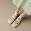 Women Mary Janes Pumps Round Toe Thick Mid Heels Cross Strap Glove Shoes Ladies Fashion Shoes Spring Autumn Beige 43
