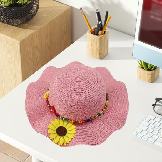 Шляпа от солнца для мальчиков и девочек, солнцезащитный дизайн, дышащая пляжная шляпа, волнистые поля, желтые цветы, бусины, плетеная соломенная шляпа