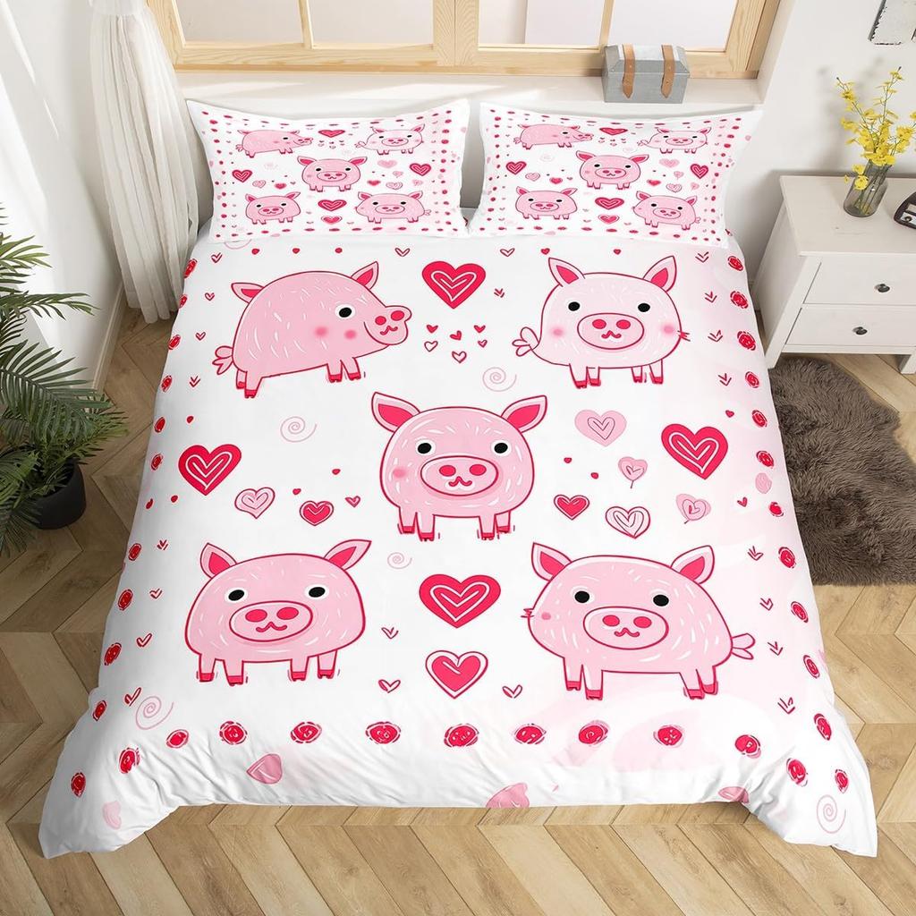 Pink Pig Duvet Cover For Girls Kawaii Room Decor Twin, Rose Floral Leaves Comforter Cover Cute Farm Animal Cartoon Bedding Set