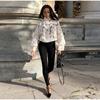 High Neck Stereo Flower Shirt Lace Hollow Out Top Perspective Organza Long Sleeved Trendy French Blouse Smock Women