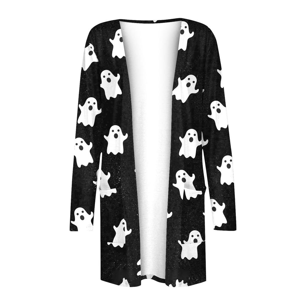 Женская мода, повседневный кардиган с принтом на Хэллоуин, средней длины, с длинными рукавами, пальто