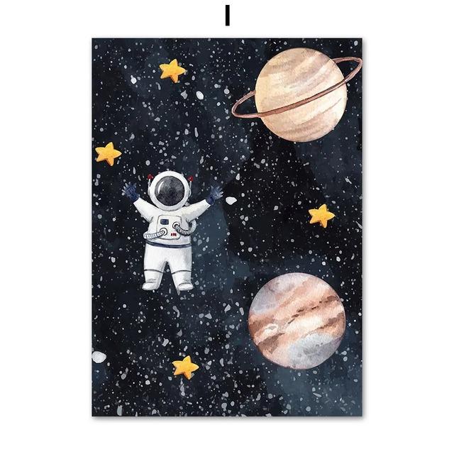 1Pcs Wall Art Canvas Painting Cartoon Astronaut Interior Paintings Living Room Home Decor Space Numbers Letters Kindergarten No Frame