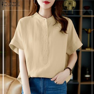 Женская однотонная хлопковая блузка с круглым вырезом и коротким рукавом