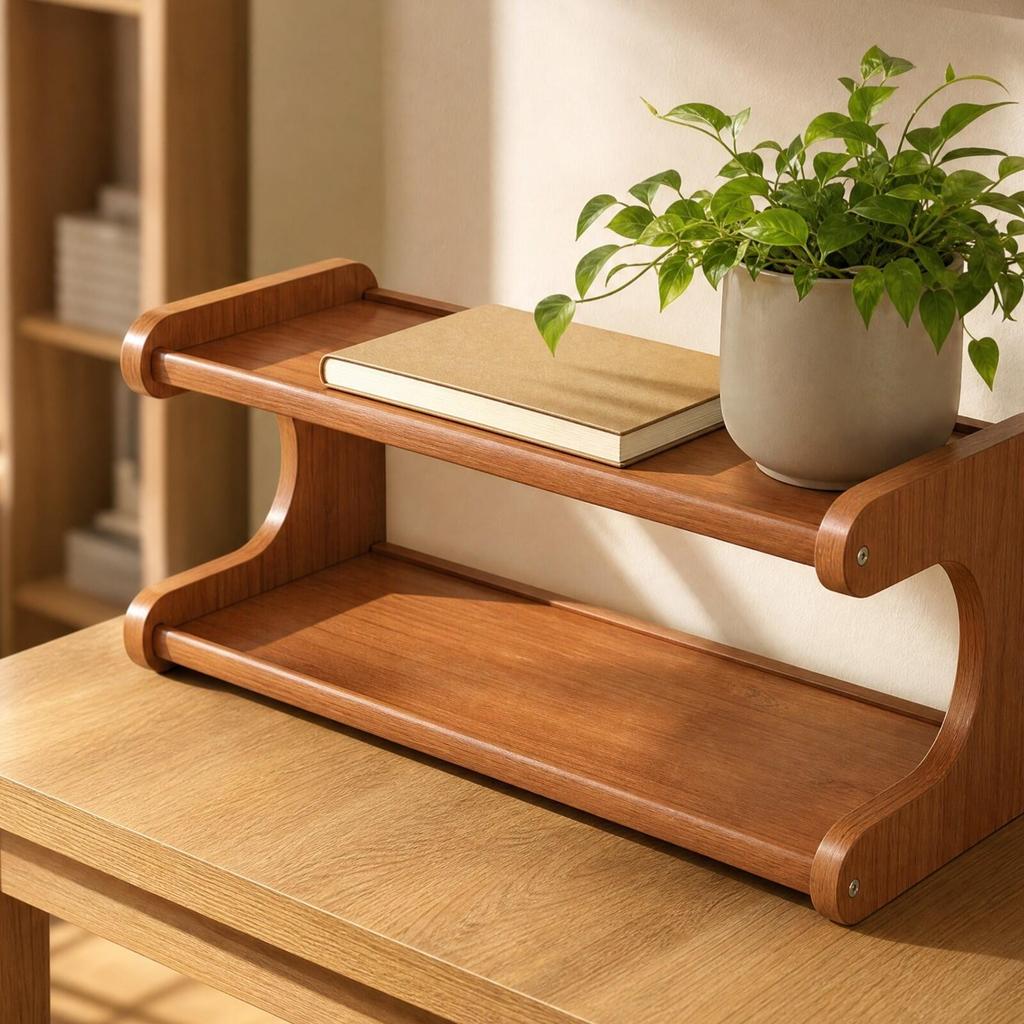 Бамбуковая настольная полка для хранения без винтов | Скругленные гладкие края, Теплая, для офиса, 2 яруса, 30 см