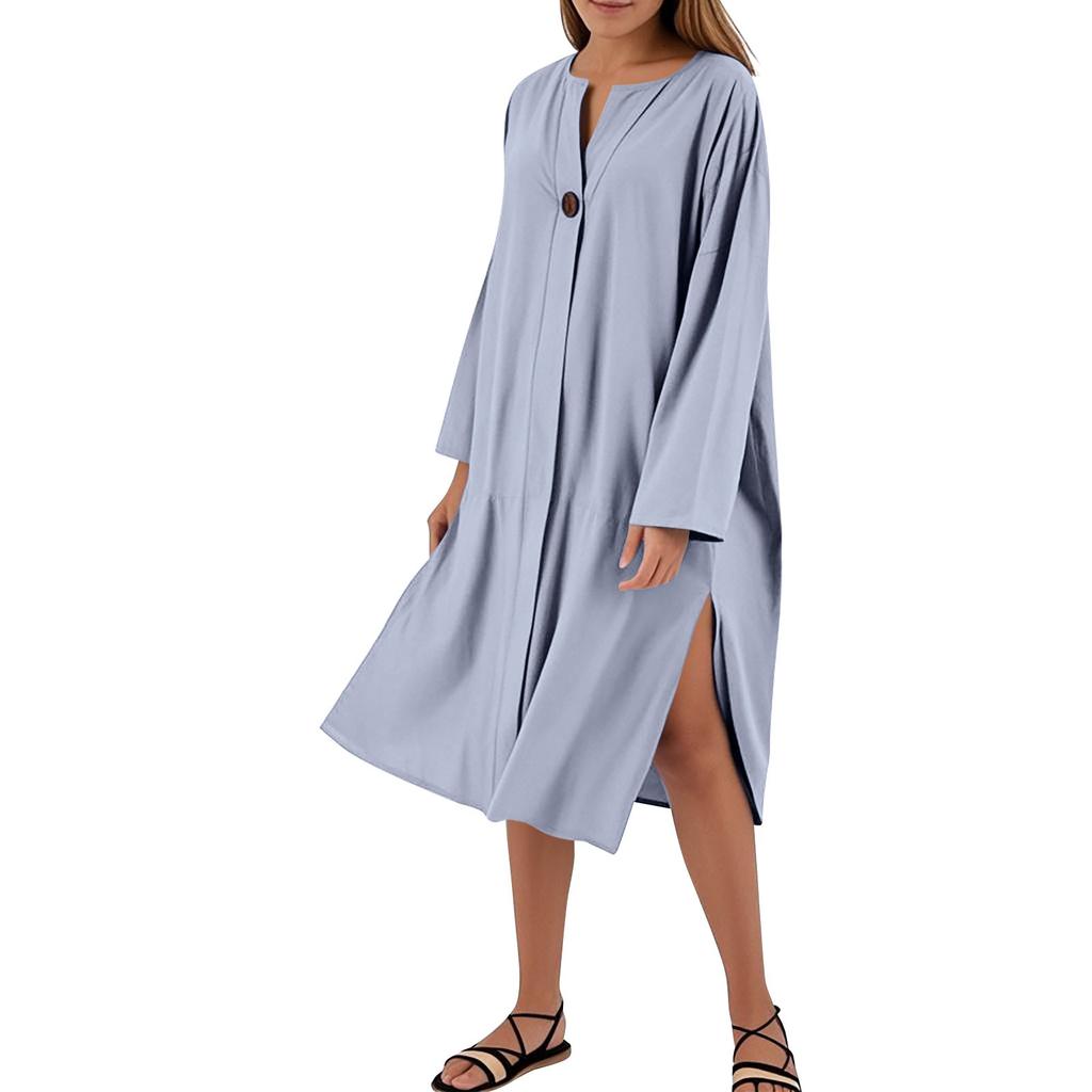Women's Dresses Loose Casual Solid Color V-Neck Button Long Dresses