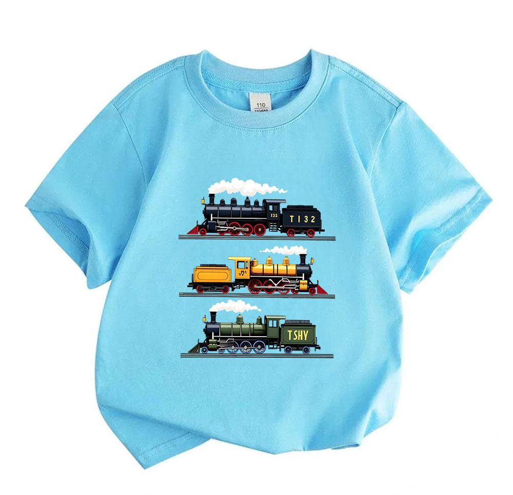 Kids Boys Girls 100% Cotton Crew Neck Short Sleeve T-Shirt, Vintage Steam Locomotive Print Casual Comfortable Tees for Toddler Children Daily Wear
