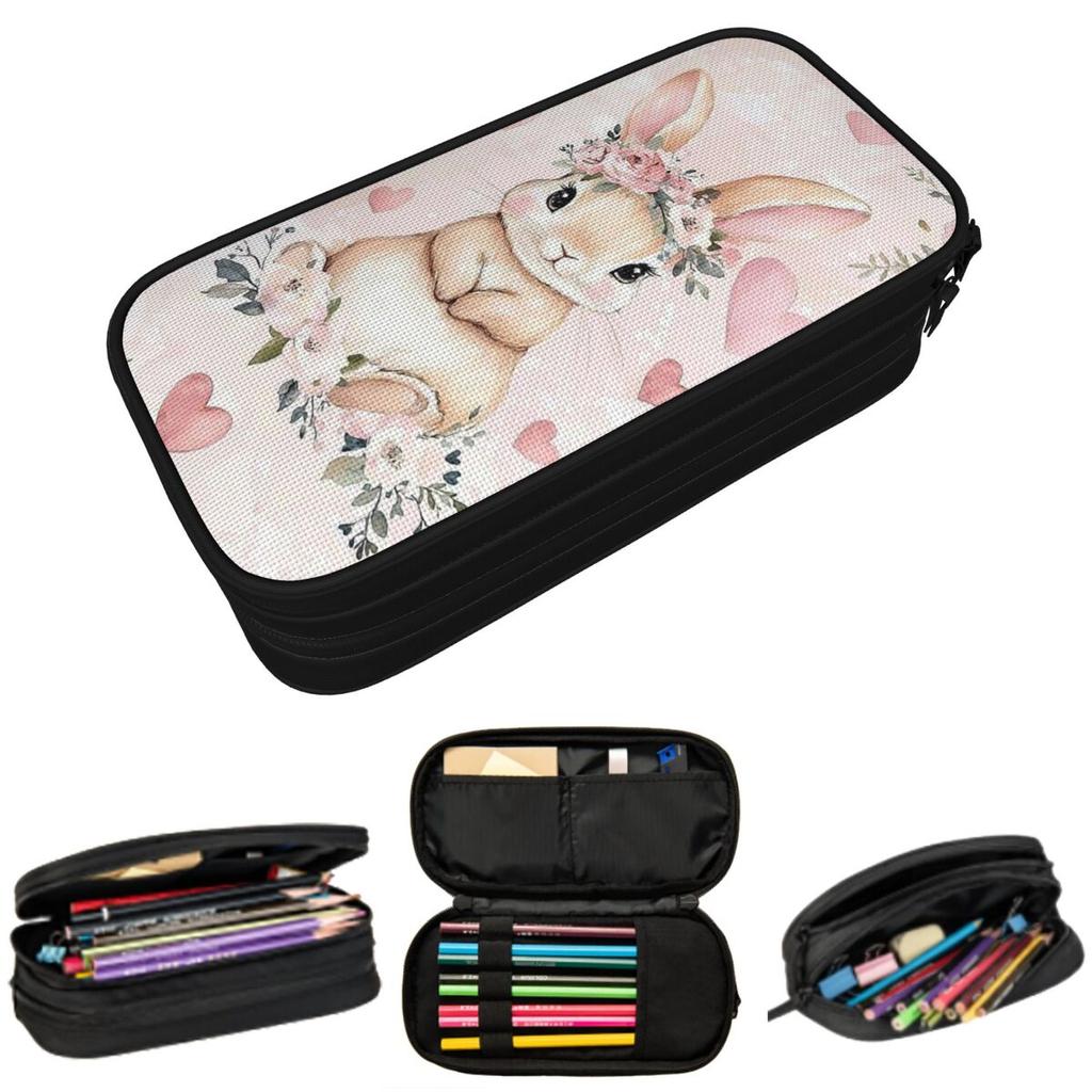 Pink Cute Bunny With Floral Pencil Case for Boys Girls School Pen Box Pencil Bag Stationery Supplies Pen Holder Bag