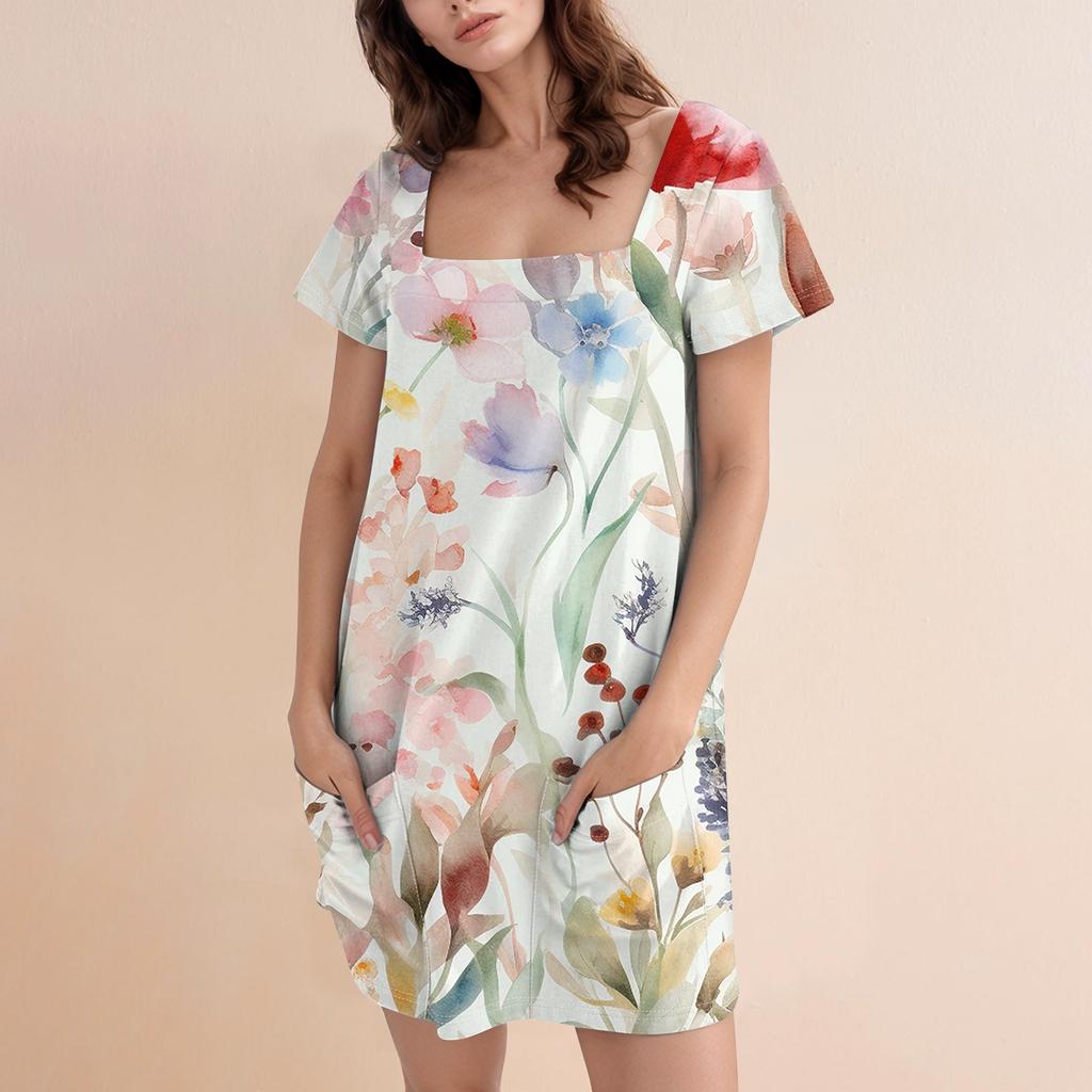 Женское модное повседневное платье с квадратным вырезом и коротким рукавом