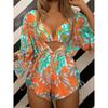 3 Piece Bikini Set Swimsuit Women Long Sleeve Cover Up Tropical Print Halter Swimwear Beach Wear Bathing Suit EMA