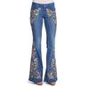 Yousheng Women Jeans Floral Embroidery Flared Leg Button Zipper Closure with Pockets Mid Waist Plus Size Long Trousers for Dating Daily Wear Commuting