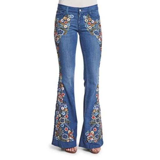 Yousheng Women Jeans Floral Embroidery Flared Leg Button Zipper Closure with Pockets Mid Waist Plus Size Long Trousers for Dating Daily Wear Commuting