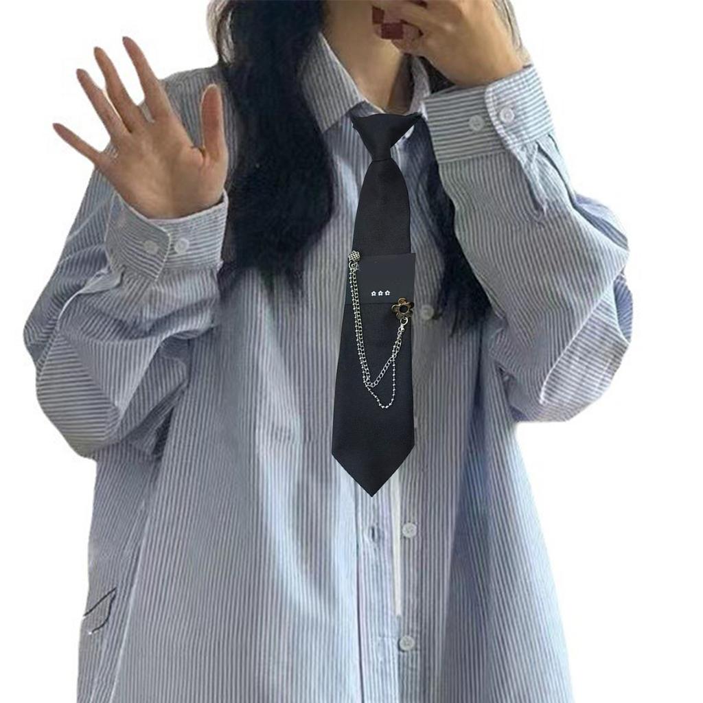 Fashionable Necktie Knotfree Tie with Chain Pendant Popular and Cool Shirt Tie for Adult and Teens Uniform Tie for Party