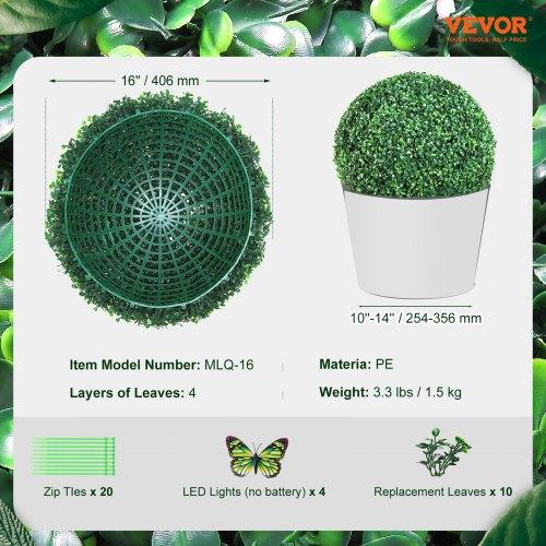VEVOR Artificial Topiaries Boxwood Trees, 16” Tall (2 Pieces), Ball-Shape Faux Topiaries Plant