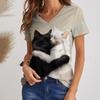 Summer Women's V-neck T-shirt Outdoor Casual Cat Three-dimensional Printing Short-sleeved Women's Clothing