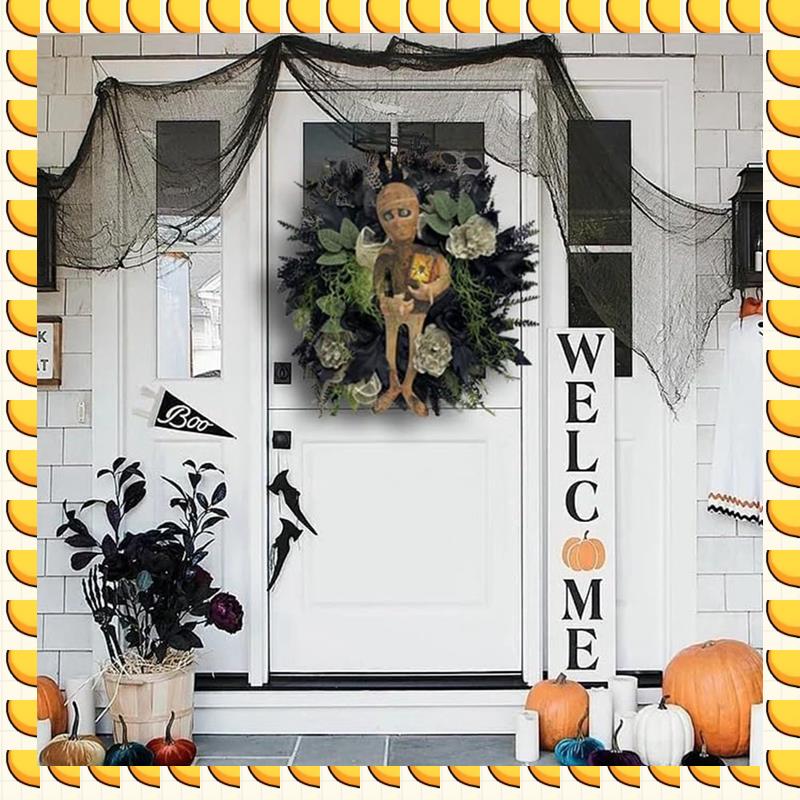 BAAU Halloween Mummy Wreath Indoor Outdoor Wall Hanging Front Door Welcome Sign Porch Decorations 19.7X15.7Inch