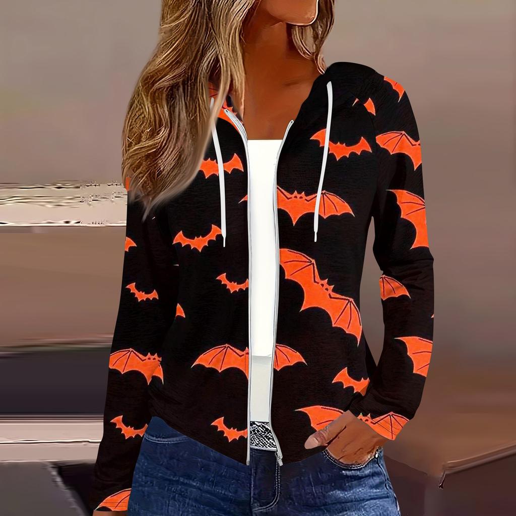 Women's Fashion Casual Zip Up Hooded Halloween Print Long Sleeve Sweatshirts Coat
