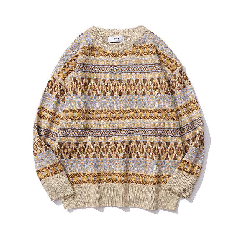 Men's Retro Japanese Winter Thick Color Block Round Neck Jacquard Sweater - Unisex, Loose Fit.