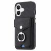 For iPhone 16 Case Ring Kickstand Leather Coated TPU Back Cover with Card Holder - Black