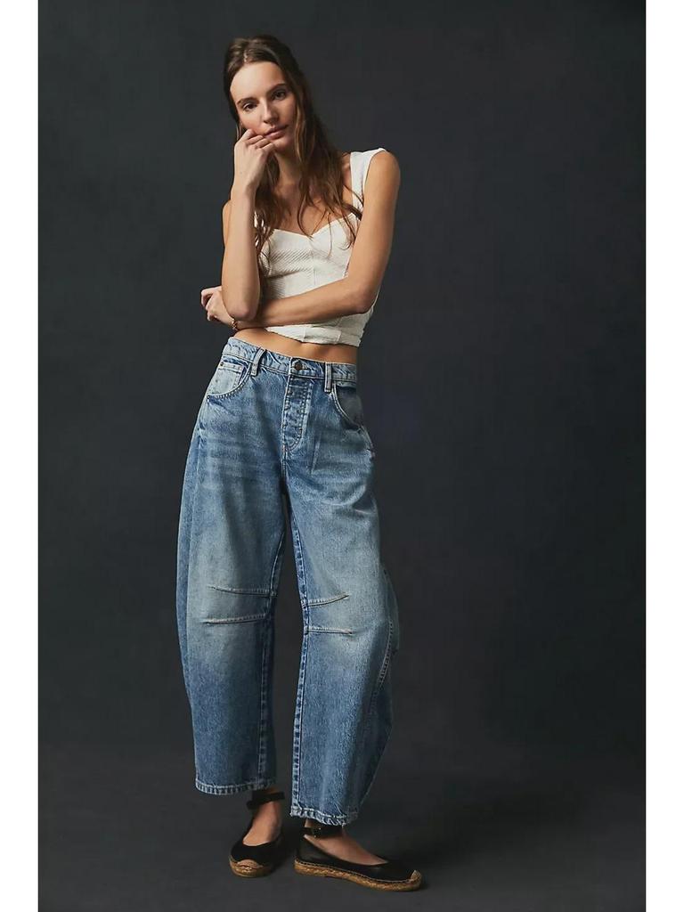 Новая европейско-американская мода: Женские свободные брюки с заниженной талией из выстиранного денима с широкими штанинами