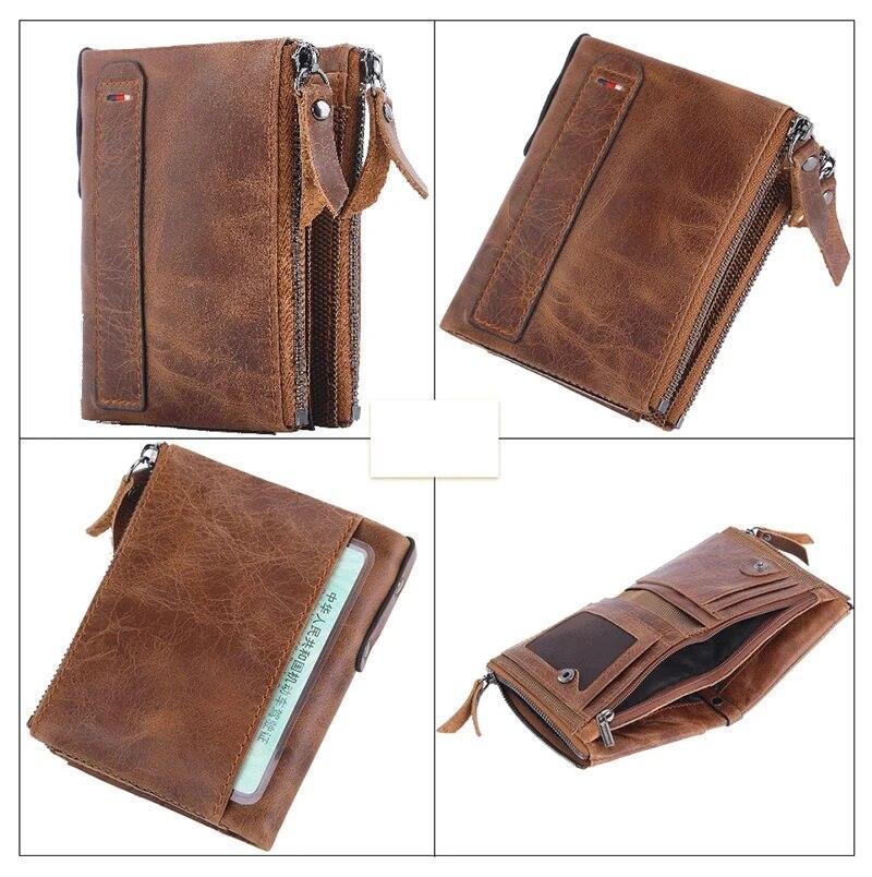 Classic Men Wallet Genuine Cow Leather Short Card Holder Leather Men Purse High Quality Designer Male Wallet with Zipper Pocket