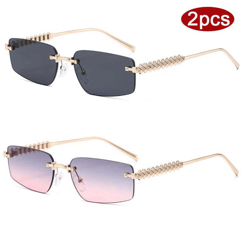 2 шт. Солнцезащитные очки без оправы с квадратными линзами градиентного цвета, женские, винтажные, с дужками необычного дизайна, защита от УФ-лучей UV400