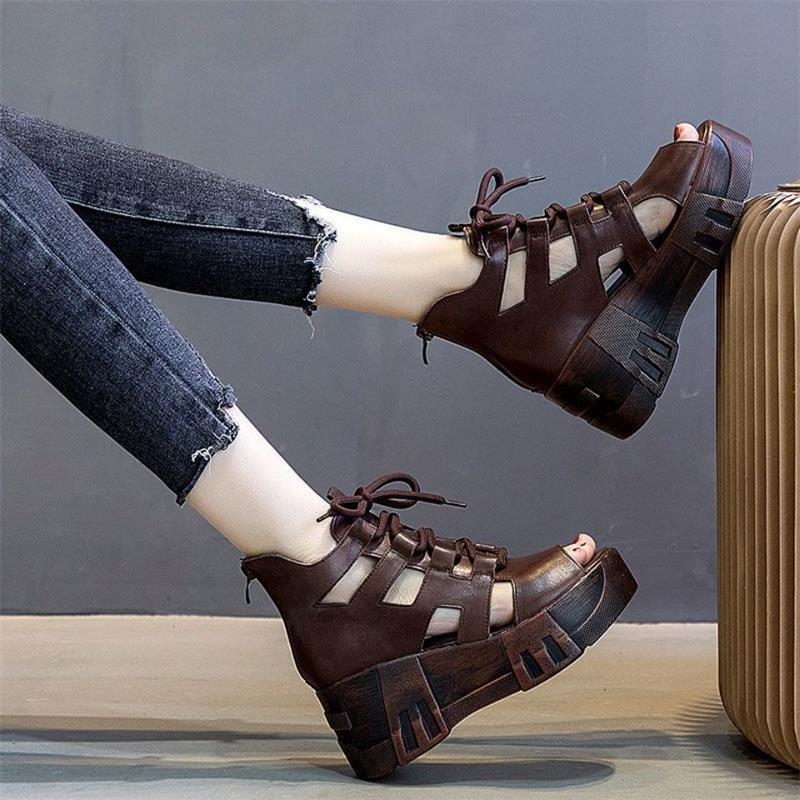 Soft Leather Women's Cool Boots Hollow Slope Heel Thick Sole Mother Sandals Fish Mouth Lace-up Soft Leather Ethnic Style Roman Women's Sandals