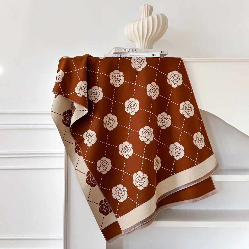 Winter Small Fragrance Outside With Versatile Camellia Imitation Cashmere Scarf Shawl Women'S Long Versatile Warm Scarf